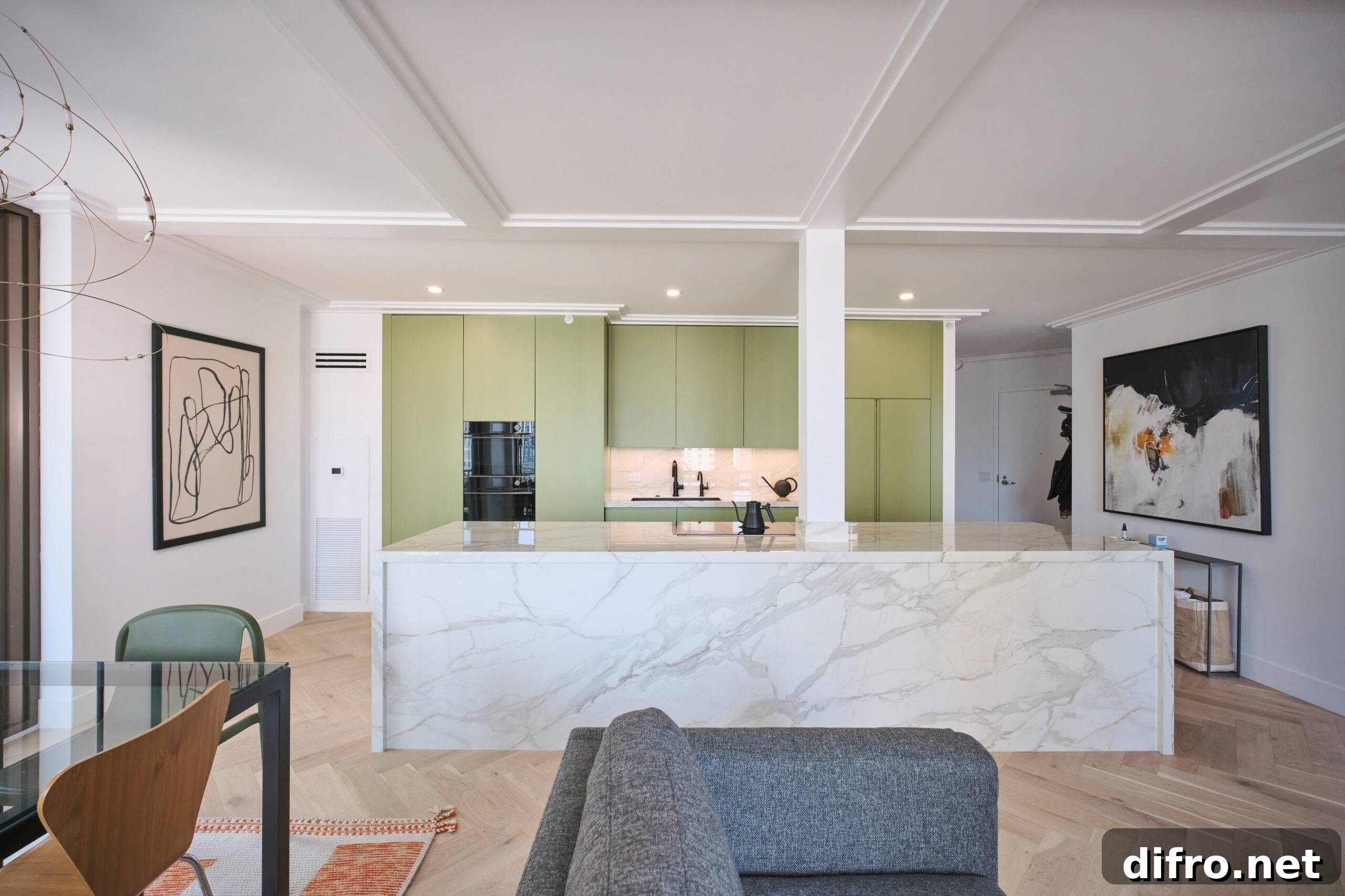 Open concept living room kitchen with sage green walls.