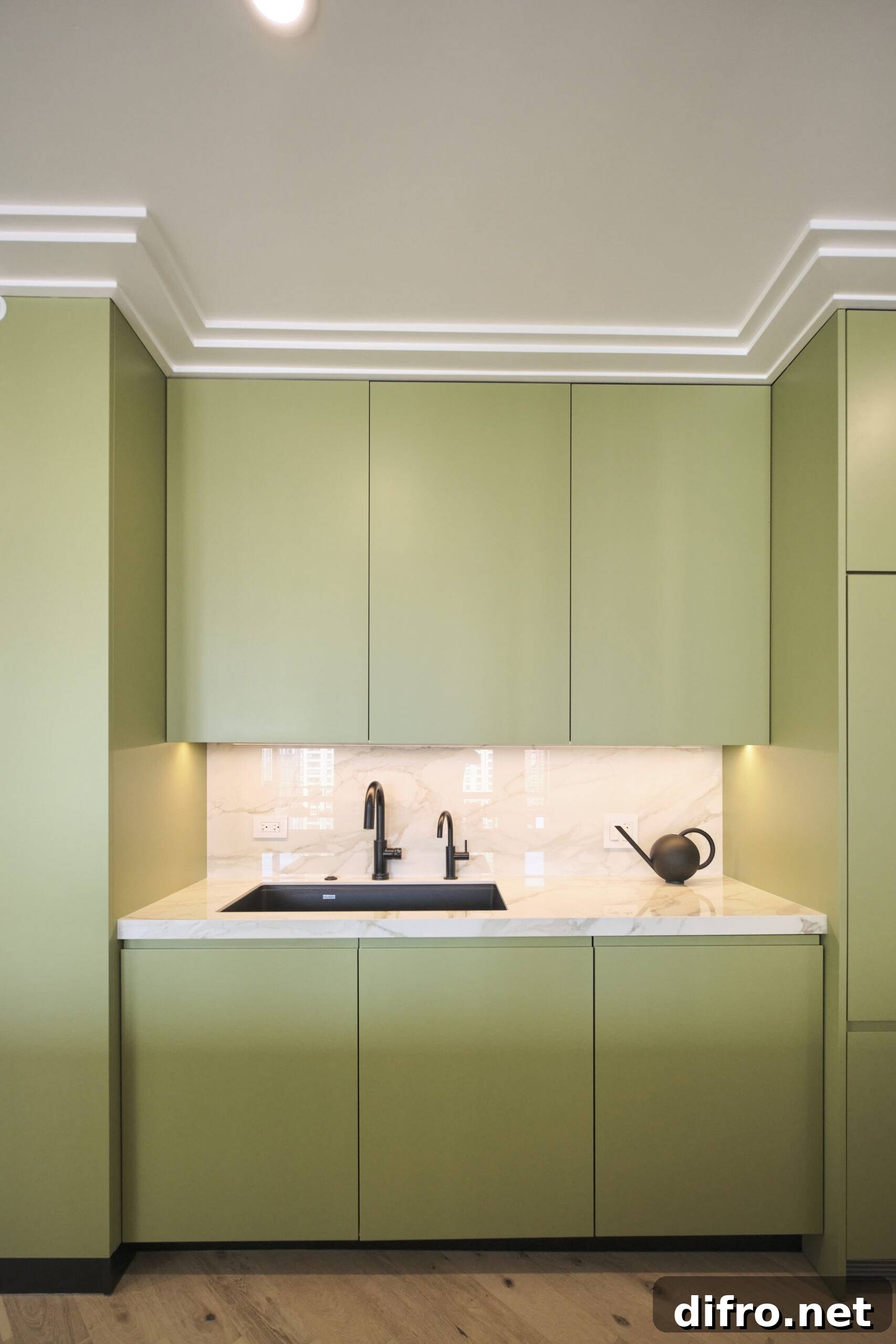Kitchen counter and sink with sage cabinets.