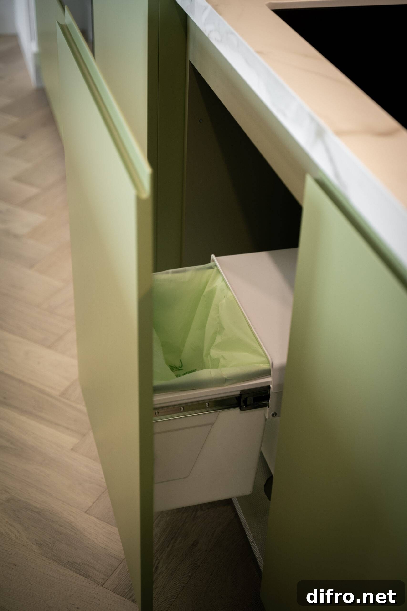 Sage green pull out garbage bins.