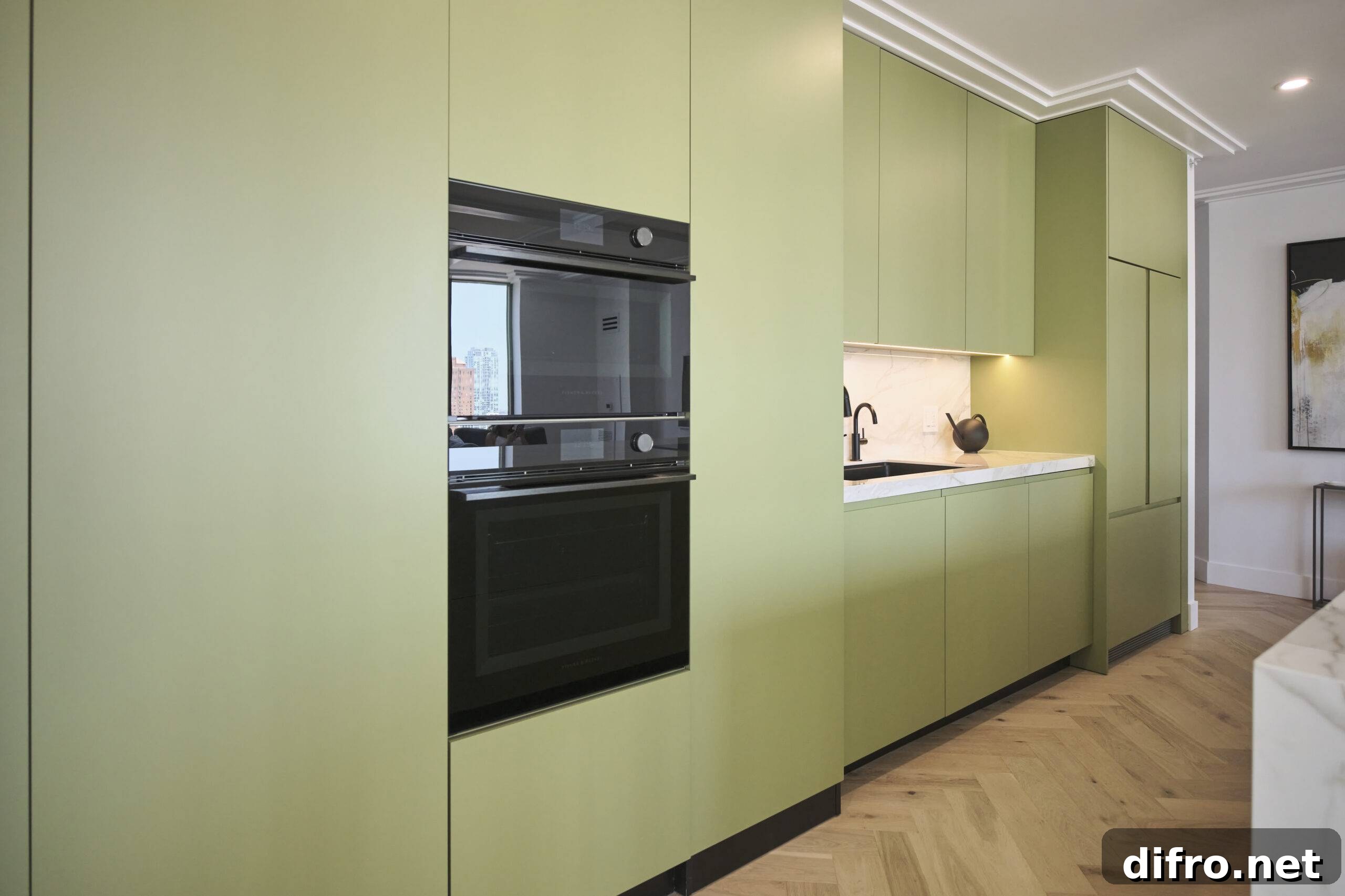 Black modern oven in a sage green kitchen.