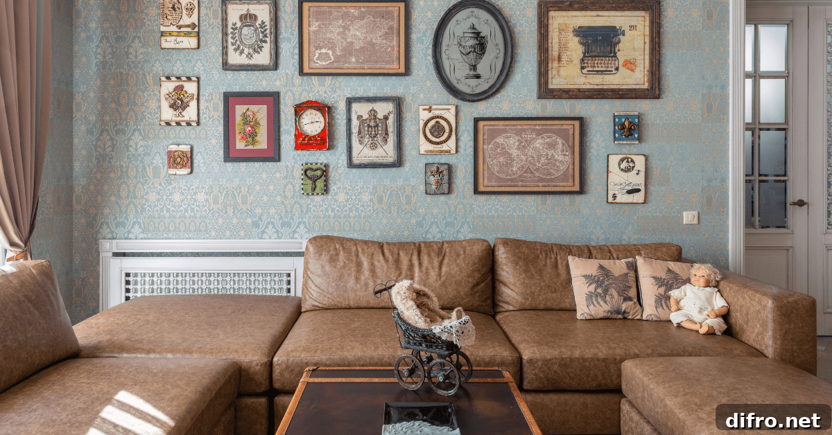 Tight living room with wall gallery.