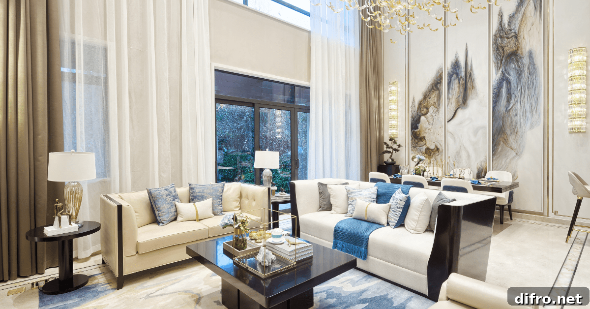 Luxurious living room with white couches.