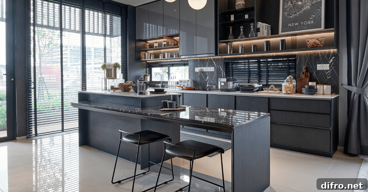 Dark kitchen with stools for seating.
