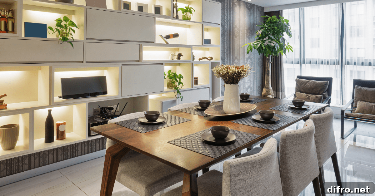 Modern dinning room with bright lighting.