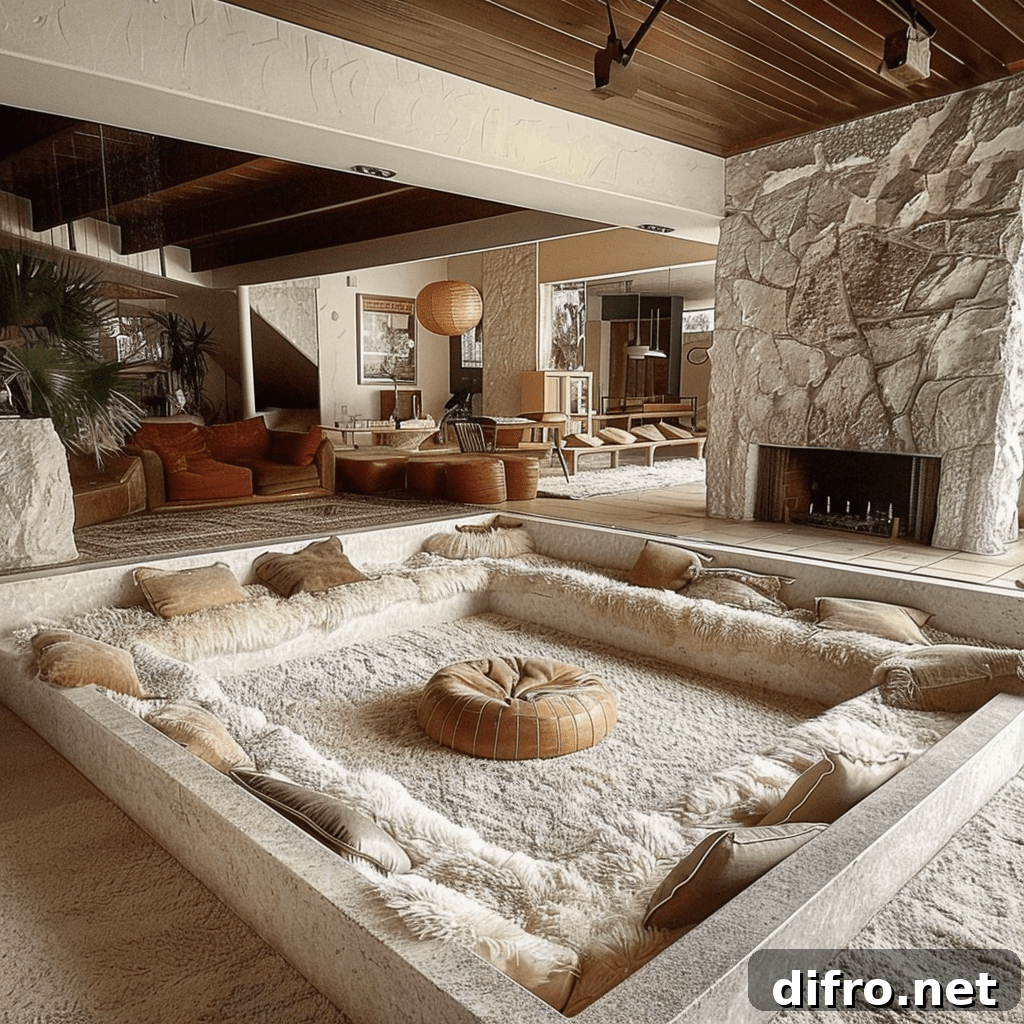 vintage sunken living room with stone fireplace and soft furnishings