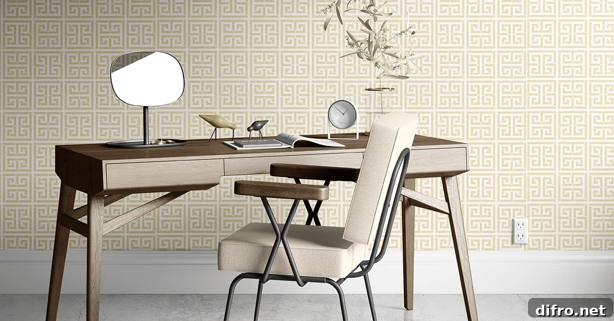Metallic wallpaper flanking desk.