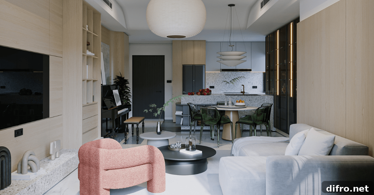 Transitional style living room with modern and traditional furniture.