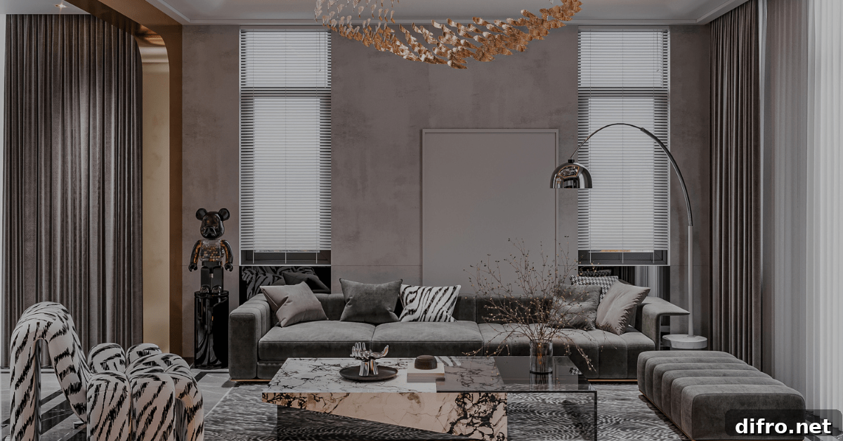 Dark transitional style living room with focal statue.
