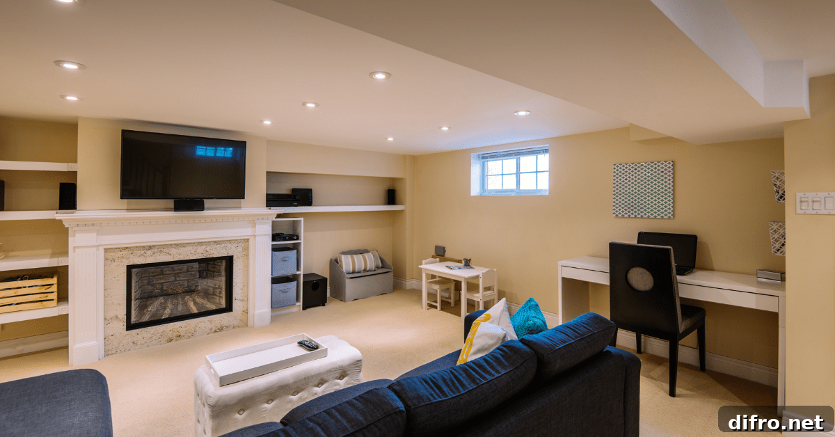 Finished basement with blue couch.