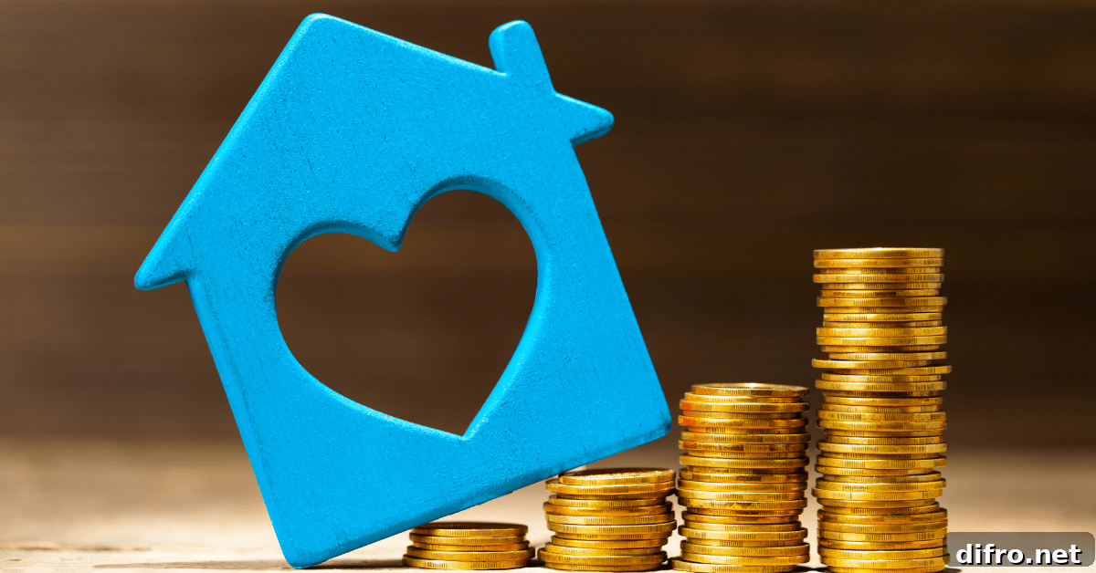 Blue house cut out on top of coins.