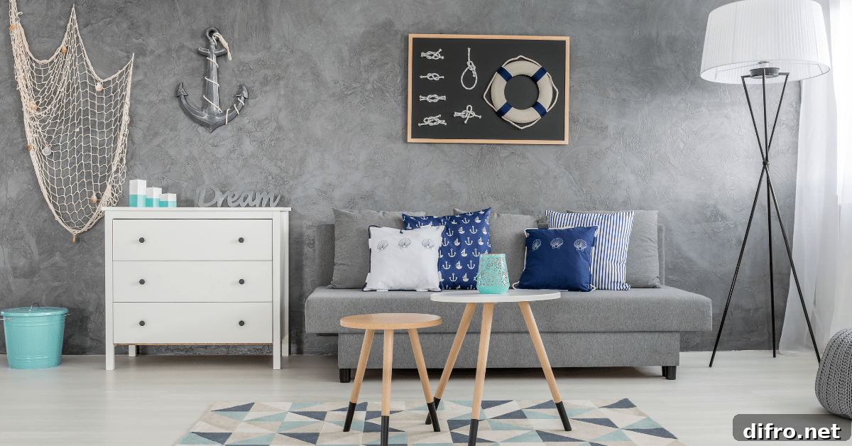 Living room with nautical decor.
