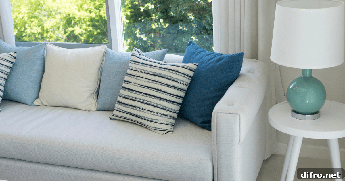Coastal couch with throw pillows.