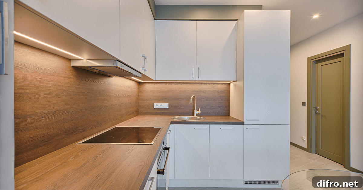 Sleek modern kitchen with wooden countertops.