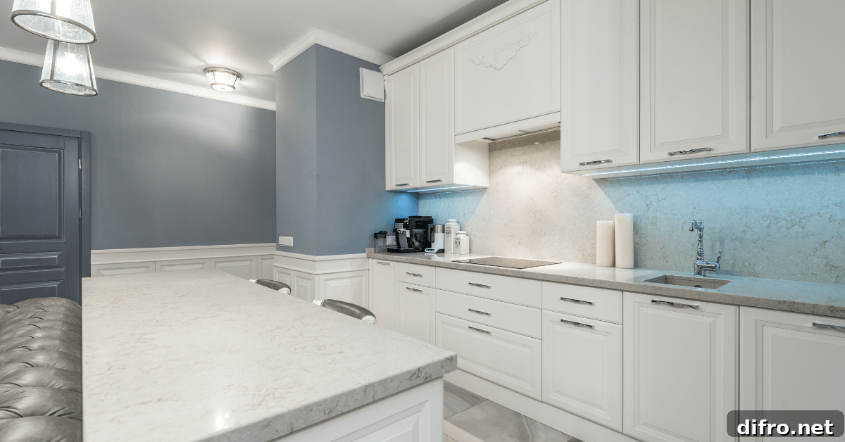 White kitchen with modern styling.