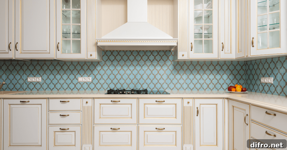 Glass front white kitchen cabinets.