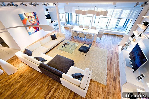 Large living room with colorful accents