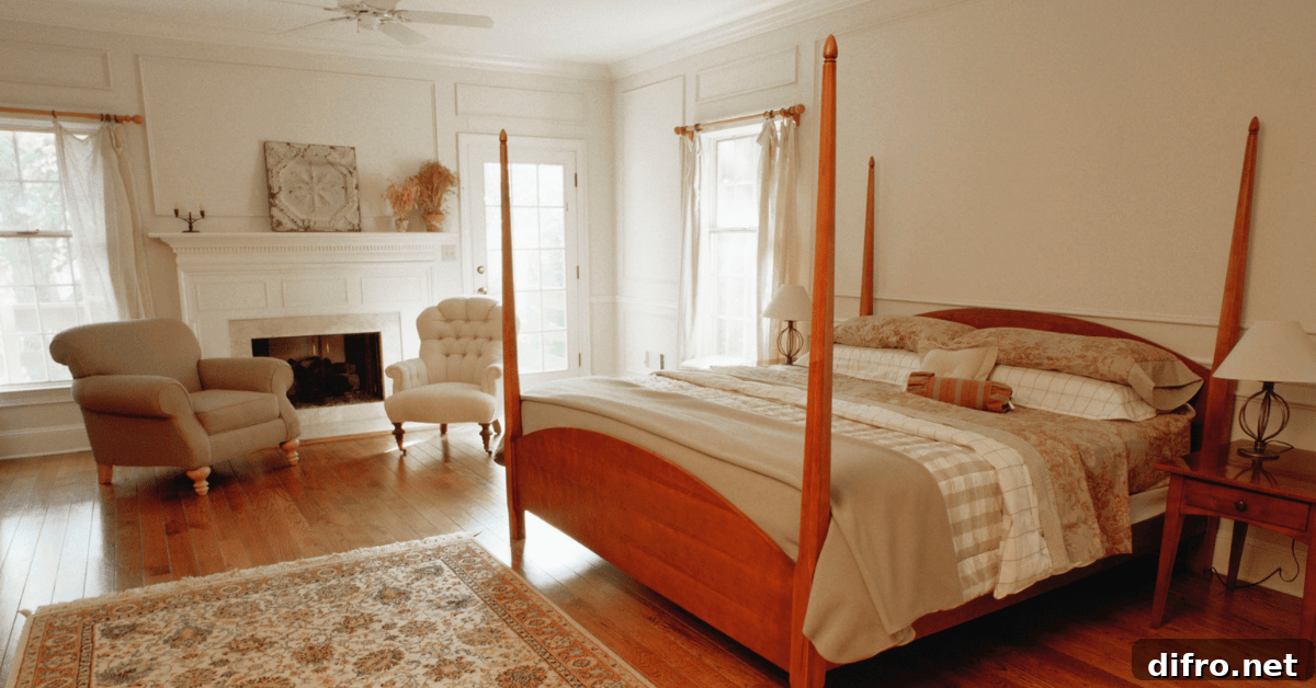A wooden four poster bed in a large bedroom.