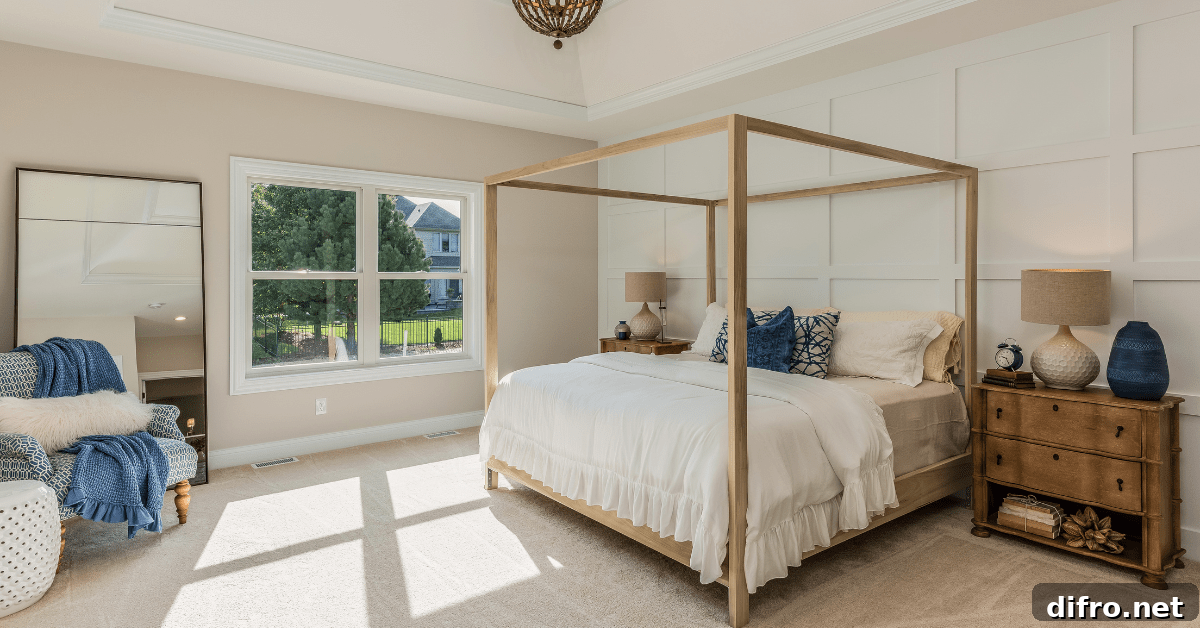 Modern bedroom with a light wooden four poster bed.