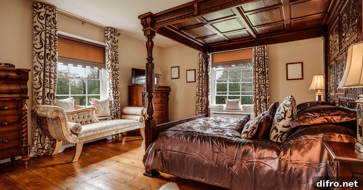 Luxurious small bedroom with a four poster bed.