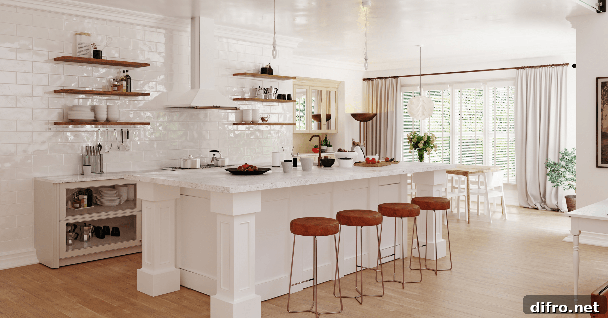 Cluttered kitchen island.