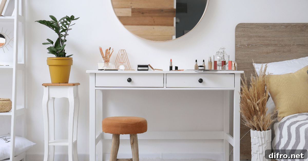 Makeup vanity in a bedroom.