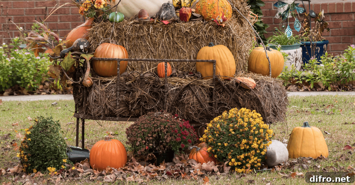 Bushes, plants, and pumpkin decor.