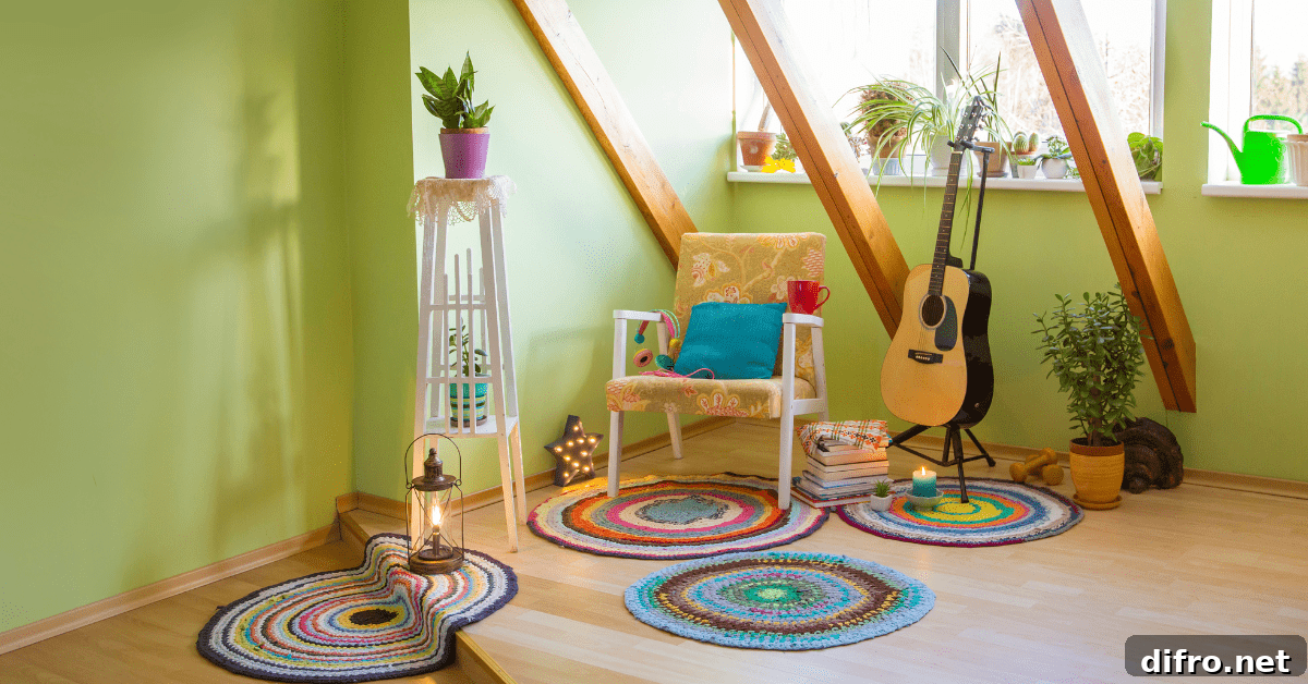 Green room with chair and multiple small rugs.