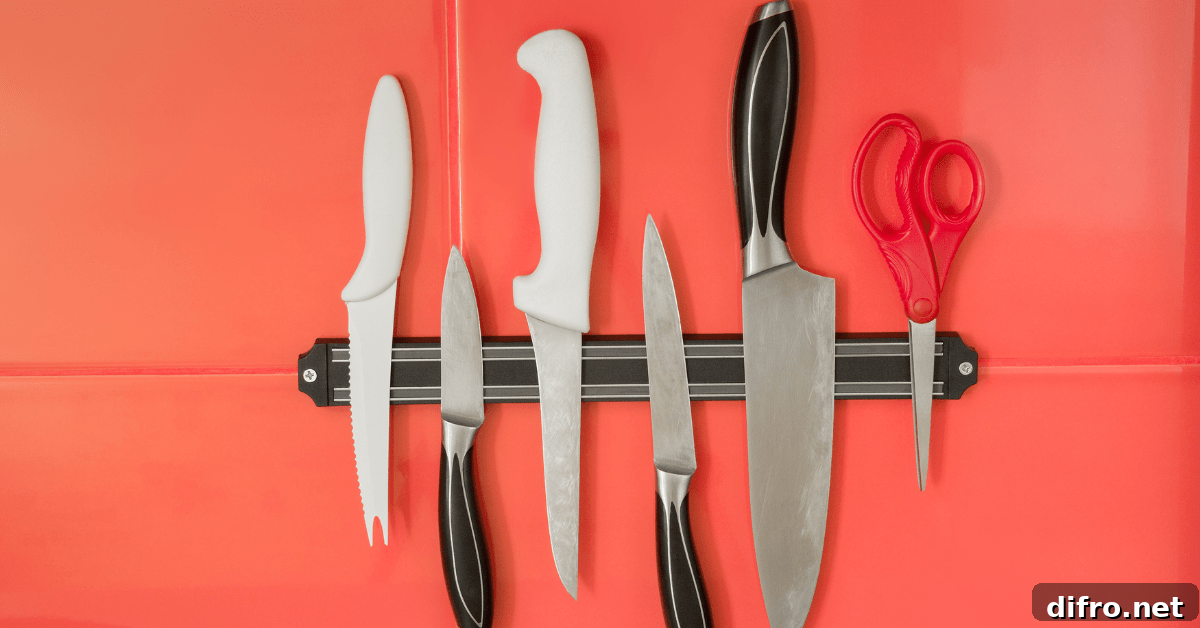 Magnetic knife storage on wall.