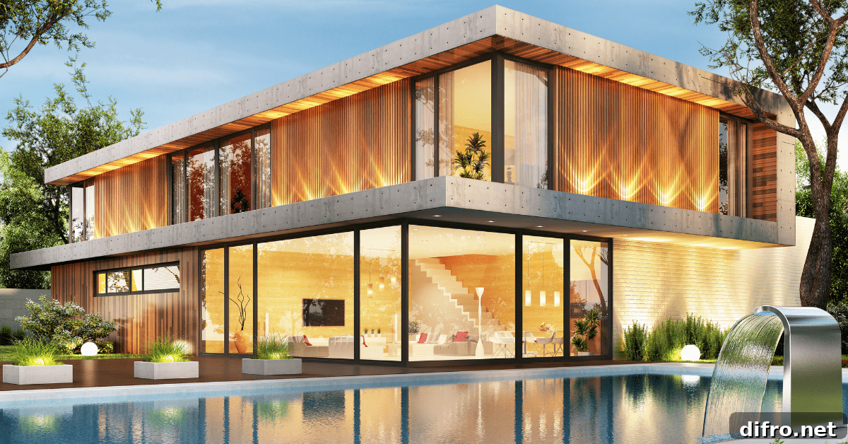 House exterior with lots of large windows.