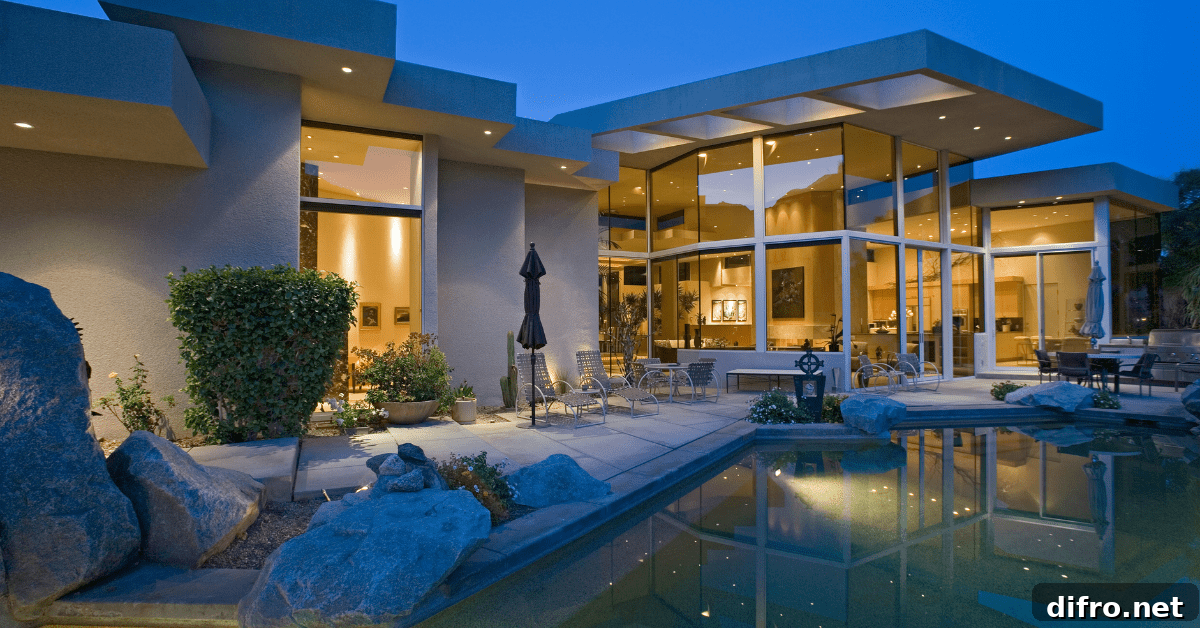 Modern exterior of a house at night.