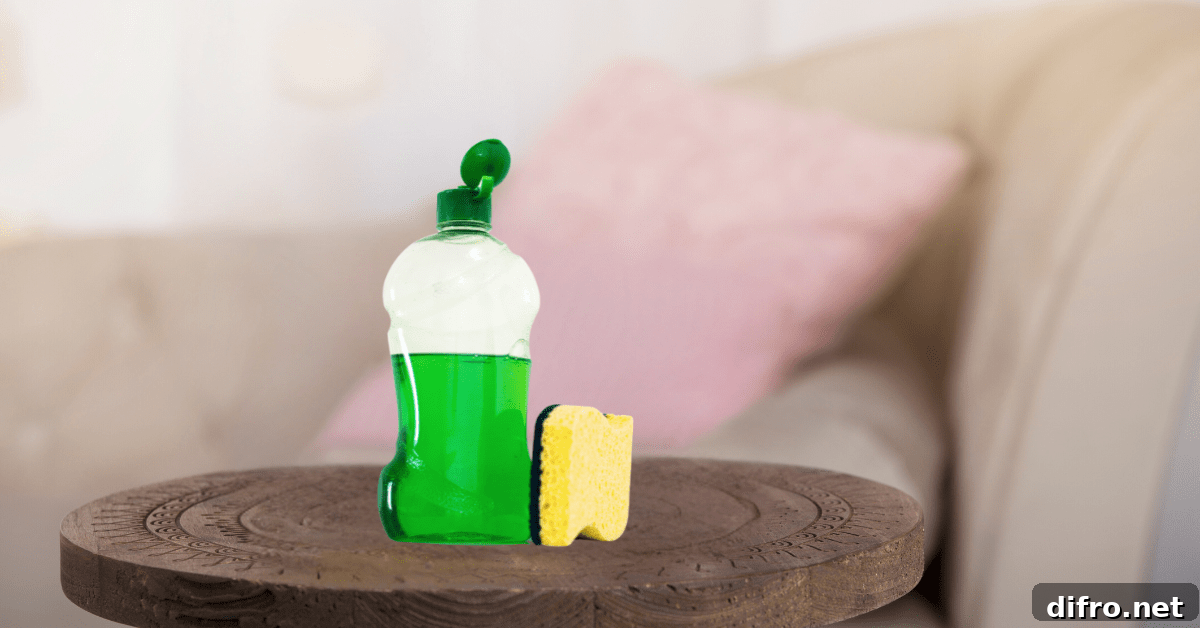 Dish soap on table in front of couch.