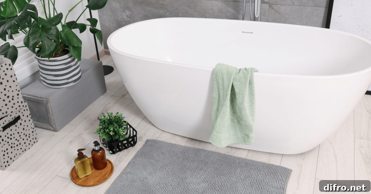 White bathroom tub fronted by a grey matt.