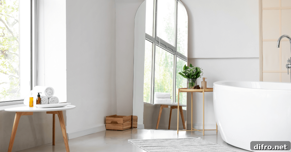 Large bathroom with wooden furniture.