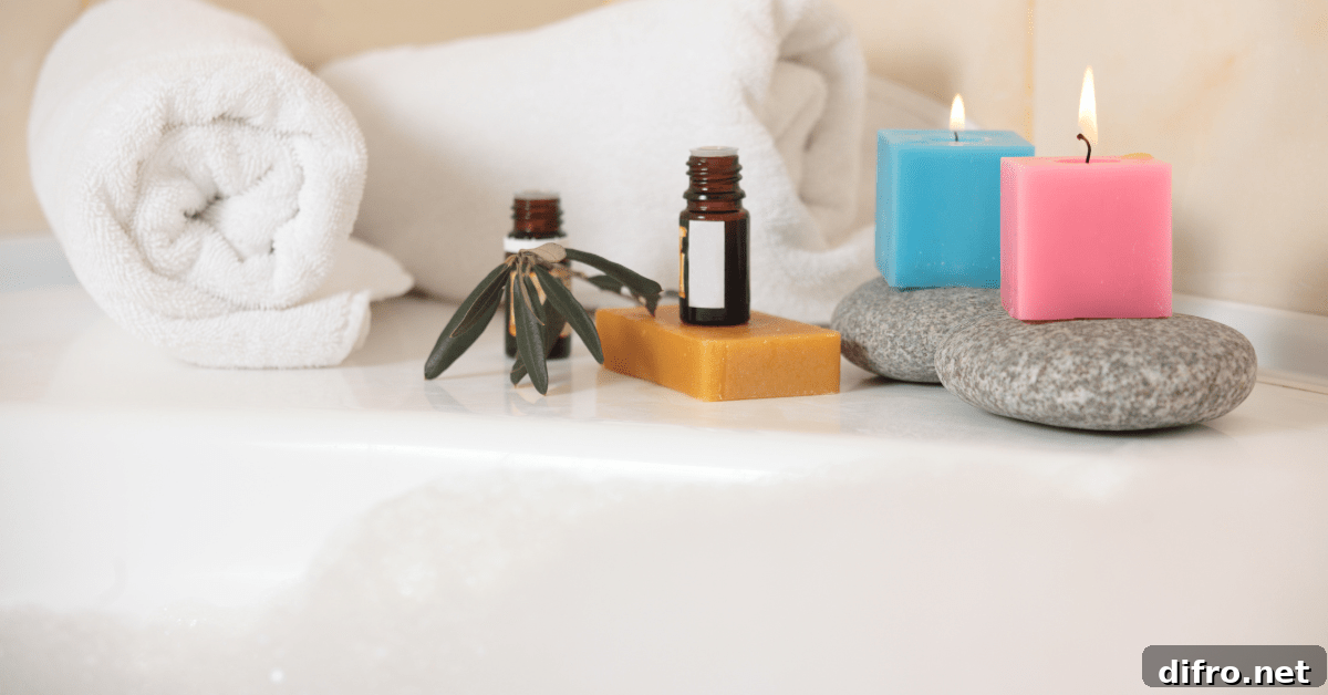 Essential oil, candles, and bathroom towels.