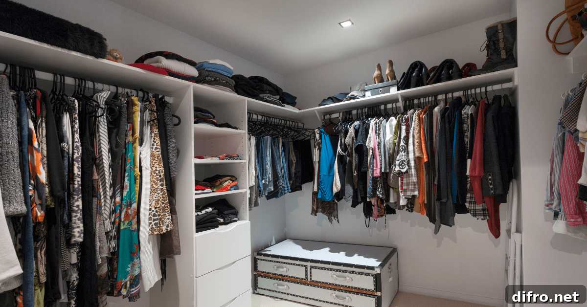 Inside of a walk in closet with hung clothes.