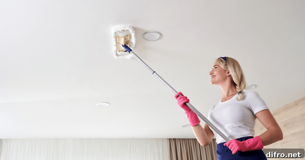 Woman wearing pink gloves using a pole with mop attachment.