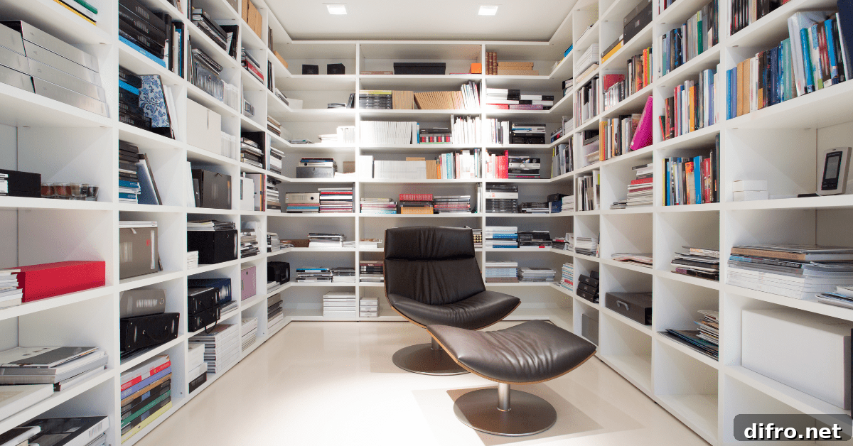 White floor to ceiling bookshelves around a chair.