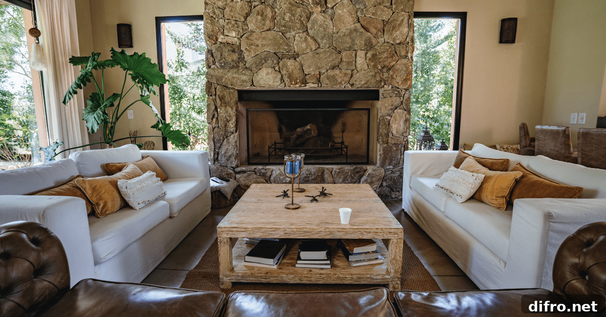 Stone fireplace in a living room.