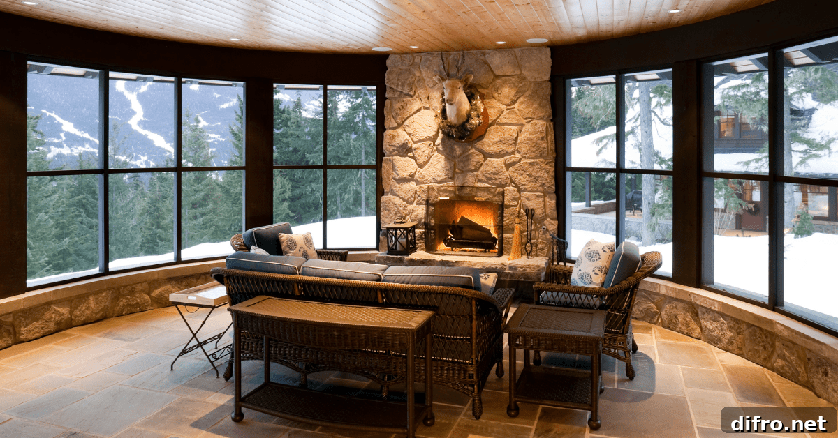 Modern stone fireplace in a room.