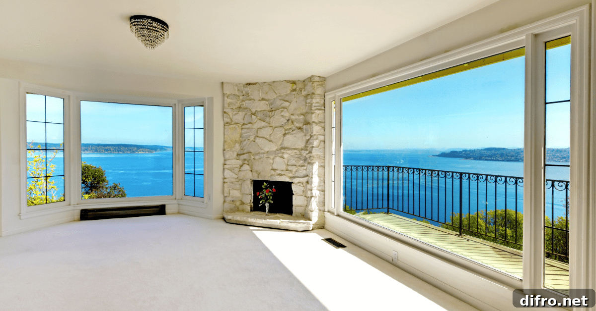 Empty living room with a white floor to ceiling fireplace.