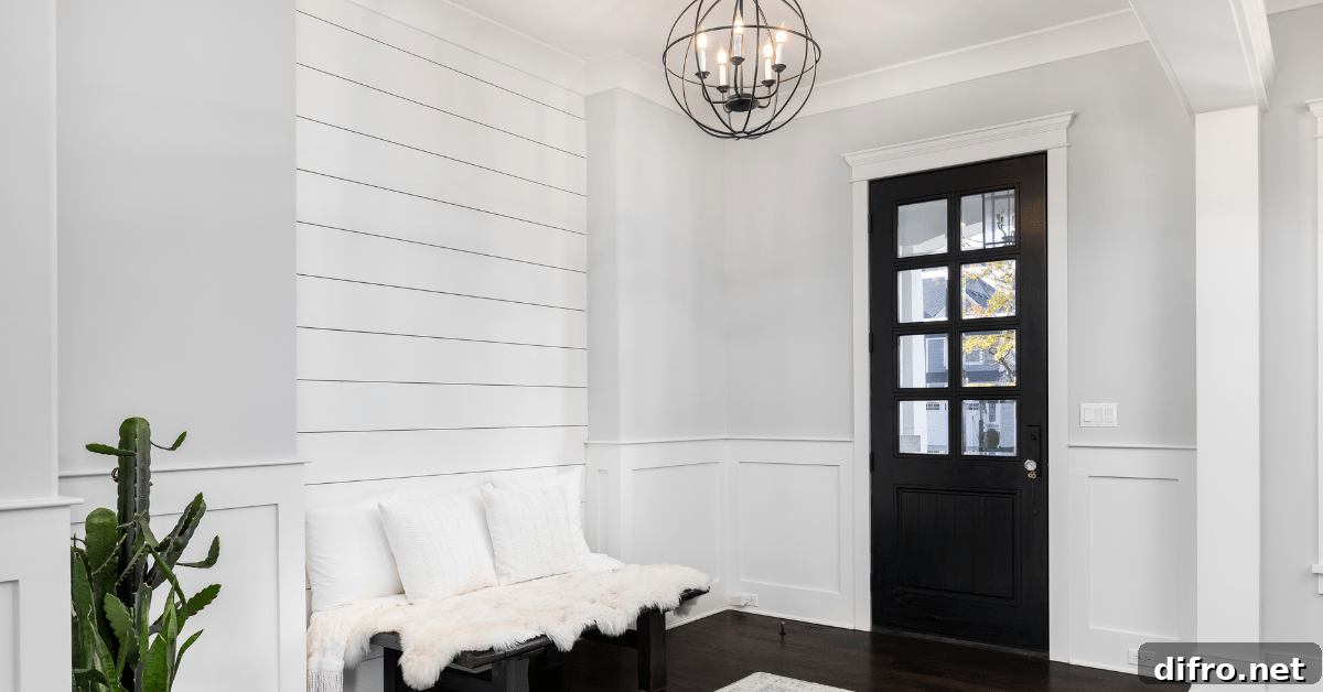 Blue entryway door with overhead lights.