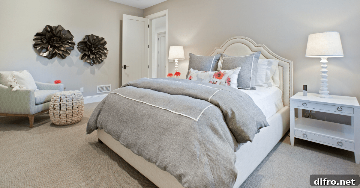 Duvet on bed in a large bedroom.