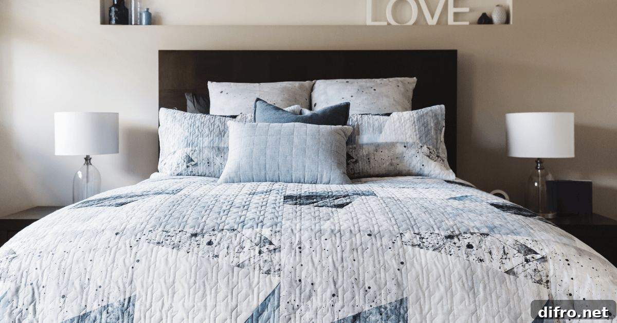 Blue and white bedding.