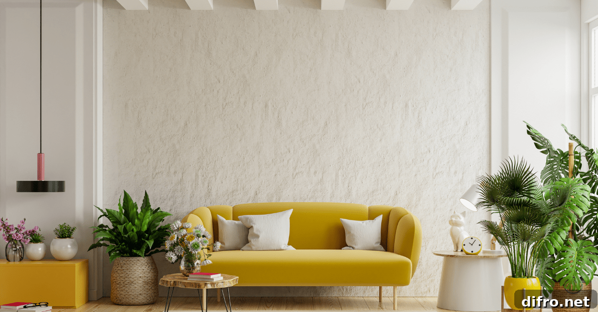 Yellow couch flanked by white wall.