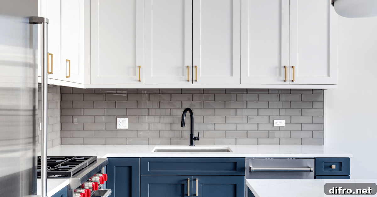 Blue cabinets with white counter.