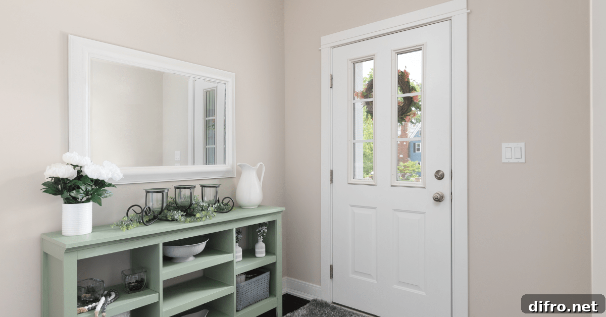 Green narrow table in a white entryway.