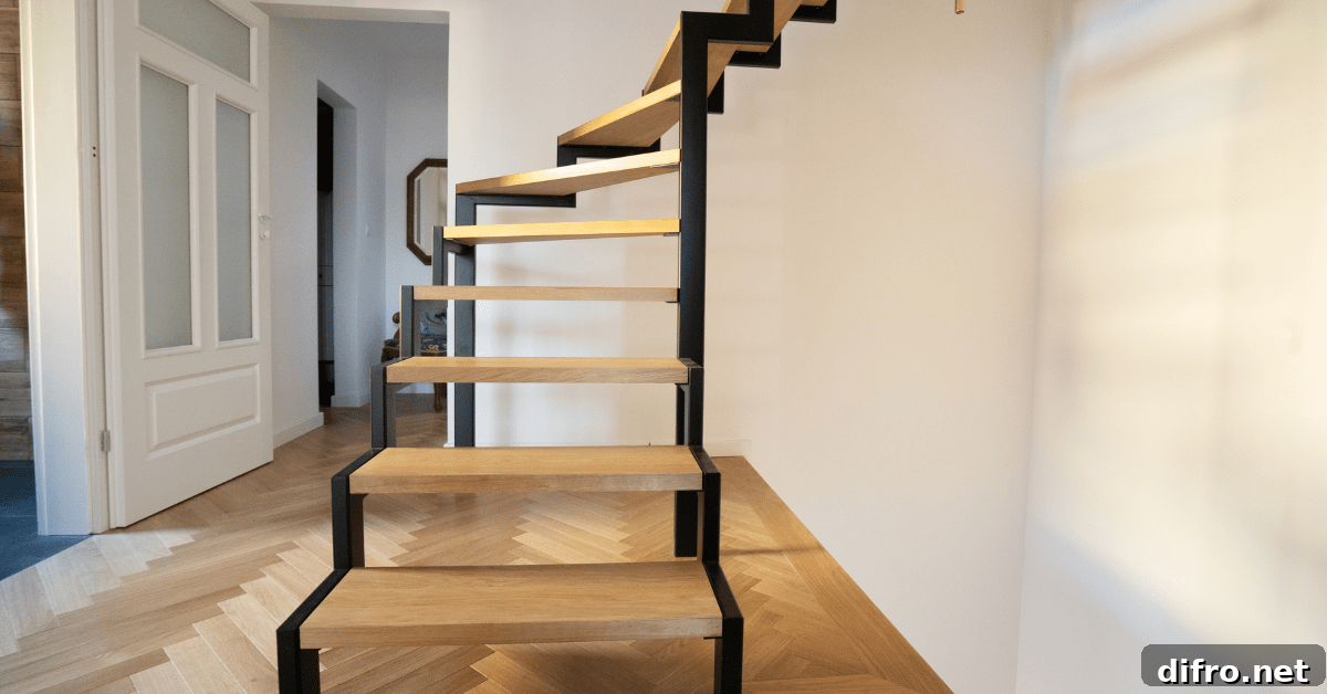 Metal and wood staircase.