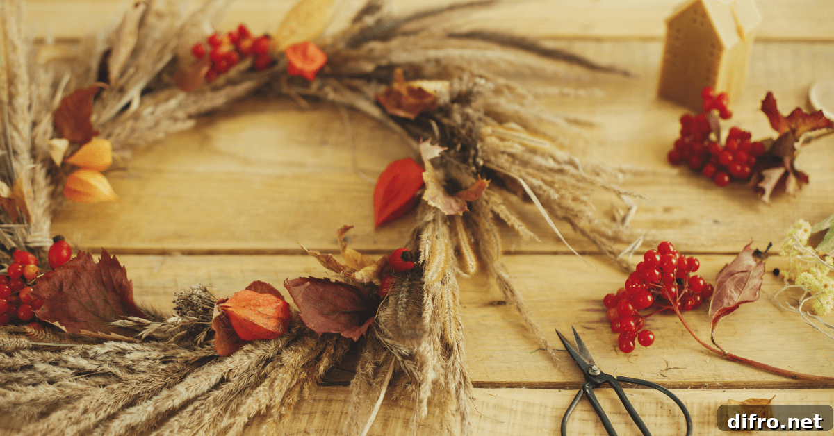 Rustic fall wreath on table.