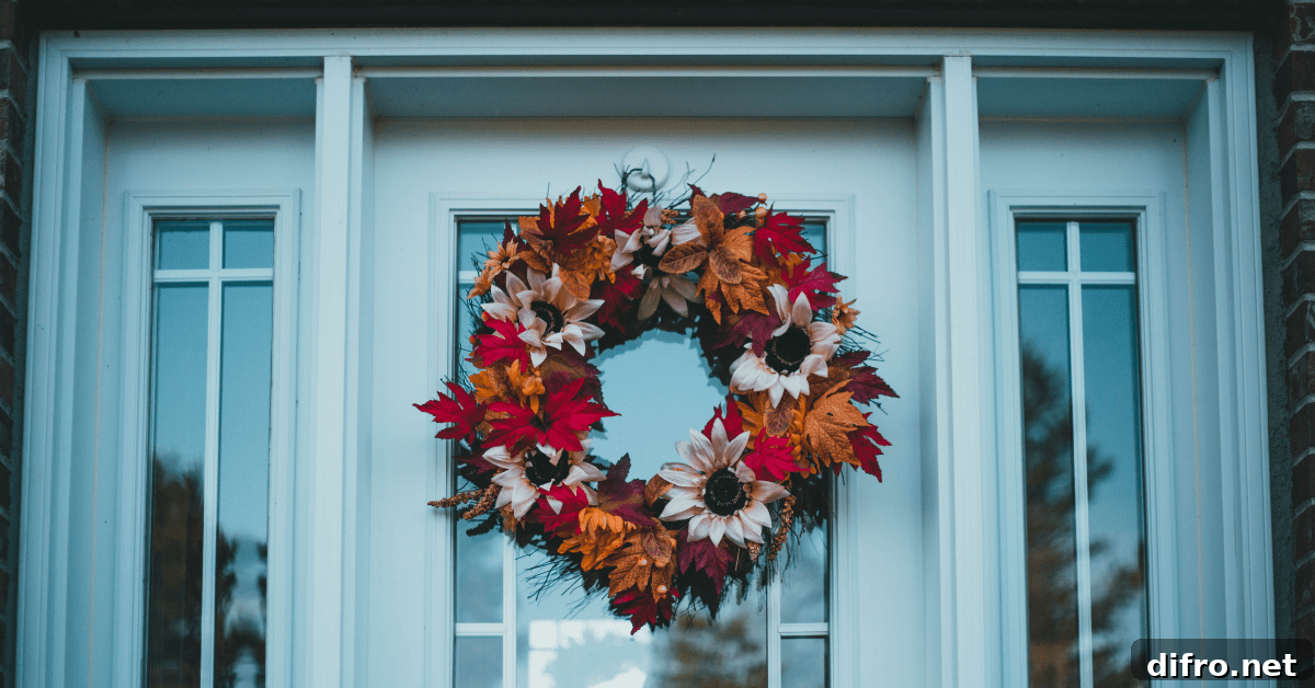 Floral fall wreath hung on front door.