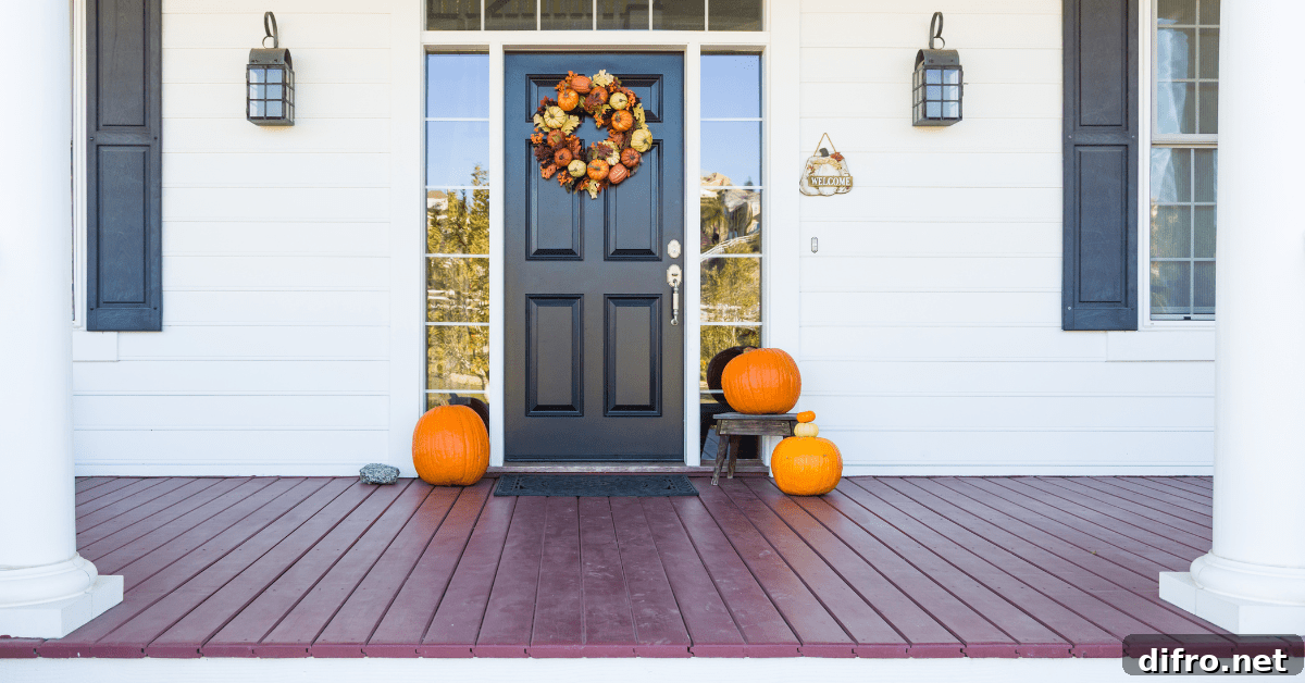 Fall-themed wreath on dark front door.